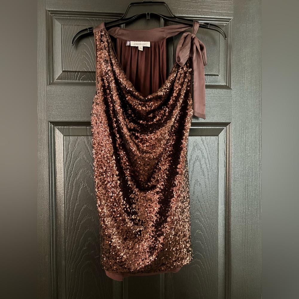 Jennifer Lopez Brown Sequin Cowl Neck top